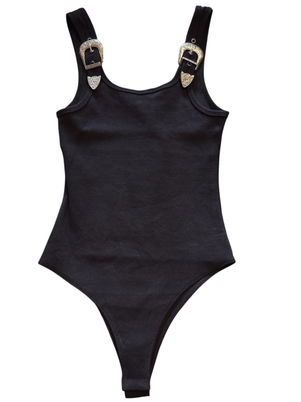 Black Ribbed Buckle-Strap Bodysuit Boutique NWT Size S